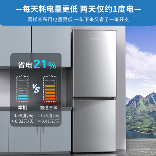 186升双门小型电冰箱 家用租房两门冰箱 两天约一度电节能低音微霜大空间 BCD-186D银色