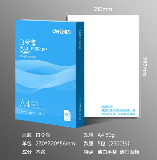 得力(deli)白令海A4打印纸 80g克500张*5包一箱 双面加厚复印纸 高性价比草稿纸 整箱2500张 7763